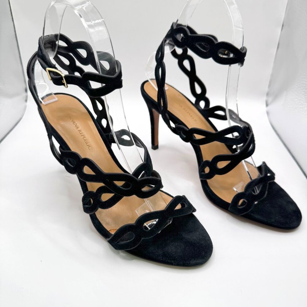 Banana Republic Black Suede Heels Size 6 Laser Cut Strappy Sandal Cocktail
